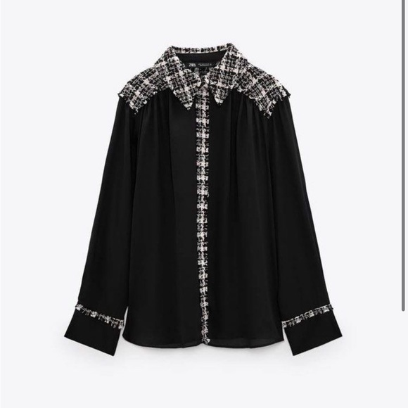 ZARA BUTTON UP BLACK COLLARED BLOUSE W/ TWEED DETAILING - CHANEL VIBES - EUC - Picture 2 of 8